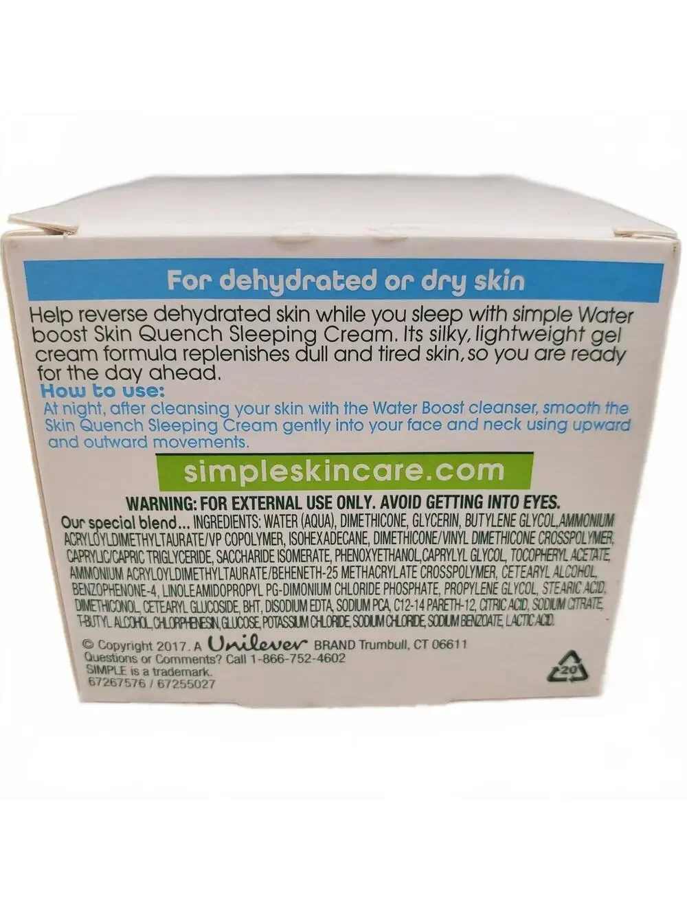 Simple Water Boost skin quench sleeping cream Dry Skin Lotion NEW 1.7 oz